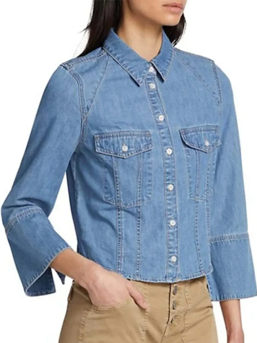 Veronica Beard Tivi Denim Flared Sleeve Shirt Iceberg Light Wash Large